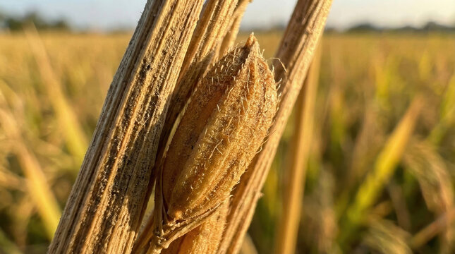 Close-up of a praying mantis ootheca attached to a dried rice stalk in a golden field during sunset.