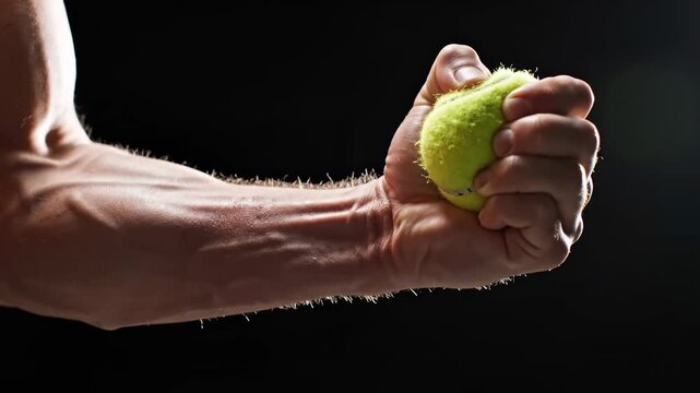 A powerful hand clutches a bright green tennis ball, muscles bulging as tension builds. The backdrop is dark and artistic, creating a striking contrast that emphasizes strength and concentration.