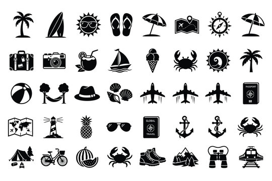 A vector icon sheet featuring 40 unique solid black silhouettes of summer and travel items .eps