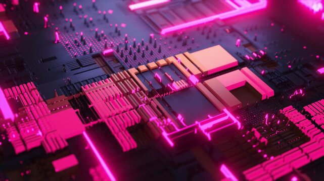 A digital microchip with illuminated elements and a complex structure of electronic components. The animation symbolizes modern computing systems, data flows, and a high-tech environment.