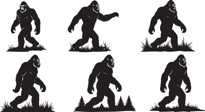 Bigfoot Sasquatch Silhouette Walking in Forest Various Poses Set