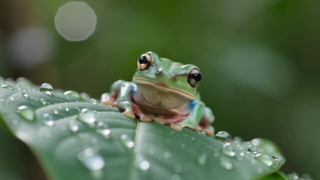 Tiny green tree frog sitting on a wet leaf with water drops, macro shot