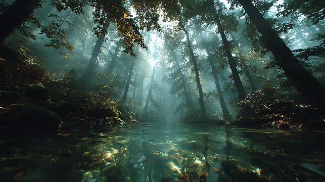 Enchanted Underwater Trees In Subtle Emerald Blue Tones illustrator