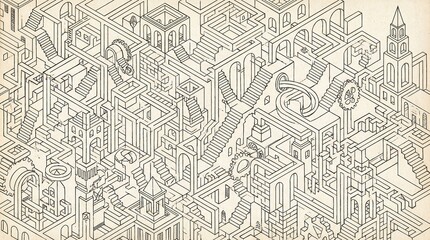 Fototapeta premium A highly detailed, vintage-style line art illustration of an isometric impossible city.