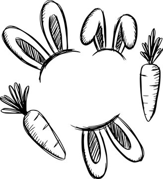 Hand Drawn Bunny Ears and Carrots Border Frame White Background easter rabbit