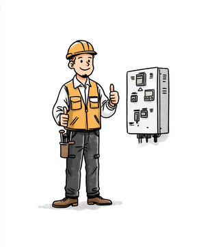 Power Control: A skilled technician stands confidently beside an electrical control panel, giving a thumbs up, embodying the essence of technical proficiency and expertise.