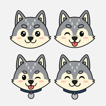 Cute cartoon husky dog faces with various expressions.
