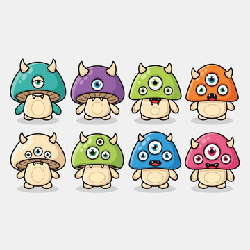 Cute Cartoon Mushroom Monsters with Horns and Multiple Eyes.