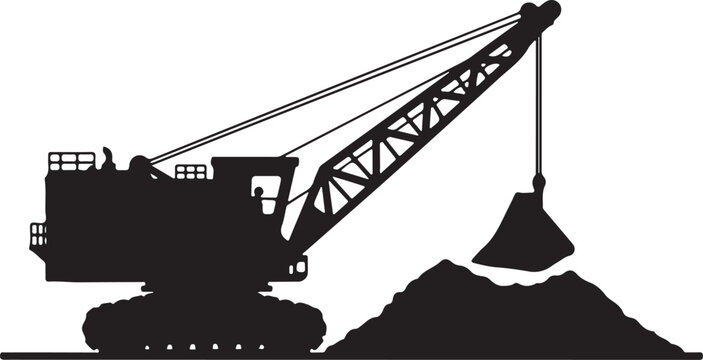 Silhouette of a Heavy Mining Dragline Excavator on White Background