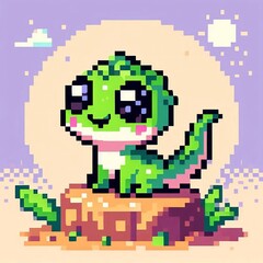 Obraz premium Pixel Art Kawaii Green Dino Sitting on a Rock with a Large Pastel Moon Background