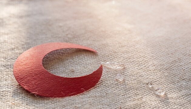Turkish Crescent Moon Symbol on Textured Fabric with Water Droplets, Minimalist Close-up with Copy Space