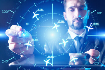 Air traffic analytics, digital flight control. Aviation specialist interacts with virtual radar interface tracking aircraft routes and navigation data for transport coordination. © Grispb