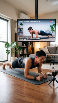 Health-conscious young man doing a true plank while watching online fitness videos at home