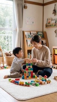 Mother kindly playing with her child using wooden toys on the floor of a sunny room