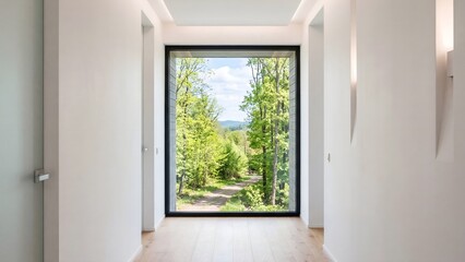 Fototapeta premium Modern interior hallway with large window looking out to green forest view