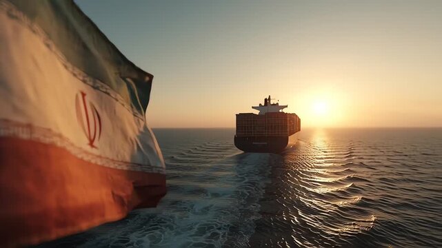 Iran flag waving on mast with large cargo ship silhouette at sunset over ocean waters representing maritime commerce and international logistics