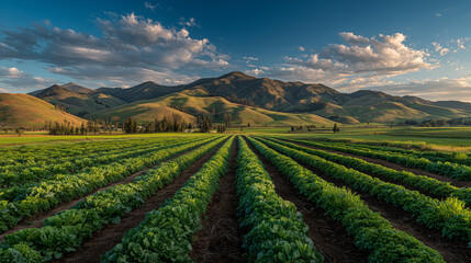 Naklejka premium Panoramic view of organic vegetable farm with mountains.