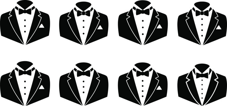 Elegant tuxedo icons set stylish black tie attire illustrations for formal events and fashion design projects