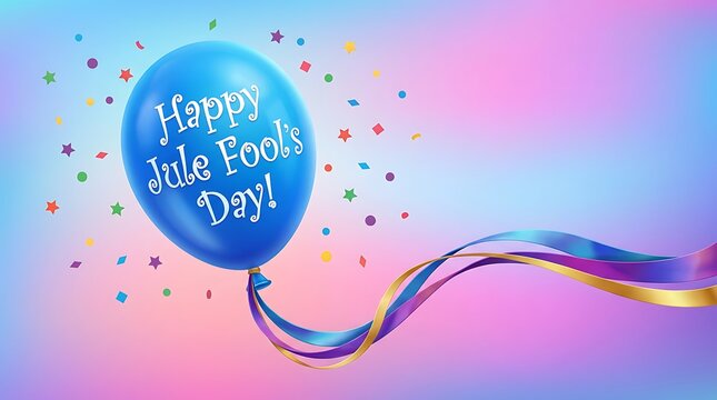 Happy june fools day text on blue balloon with confetti and ribbon vibrant gradient celebration background concept