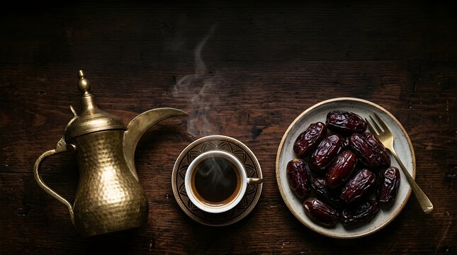 Traditional Arabic coffee with dates, vintage brass dallah pot on dark wooden background, steaming gahwa cup for Ramadan celebration