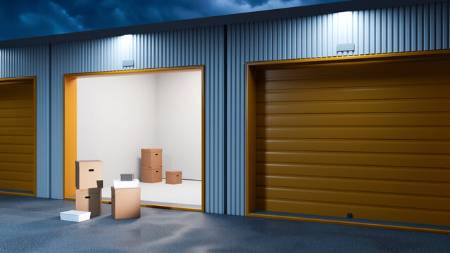 Self storage complex, storage units. Open and closed units with boxes, showcasing rental spaces for personal belongings and organized storage solutions.