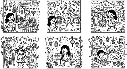 Obraz premium Black and white line art illustrations of girl enjoying lantern festival night with candy stall fire performer witch costume bench scene and sleeping under starry sky