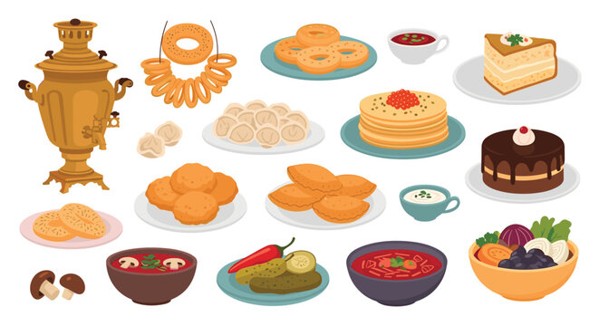 Traditional Russian cuisine assortment includes samovar, pancakes with caviar, borsch soup, dumplings, pastries, and various delicious dishes.