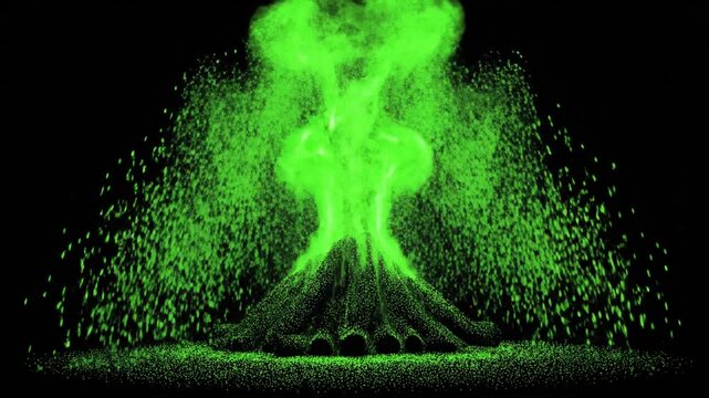Luminescent green particles form a stylized shape rising up from a granular base on a black background