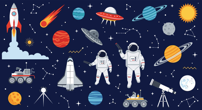 Massive set of space themed pixel art icons includes rockets, astronauts, planets, UFOs, stars, and various galactic objects on dark background.