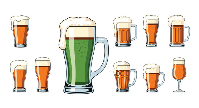 Diverse collection of beer glasses shows different types of lager and ale with thick foam tops including one festive green beer.