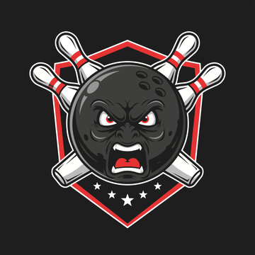 Angry bowling ball mascot with pins and shield emblem.