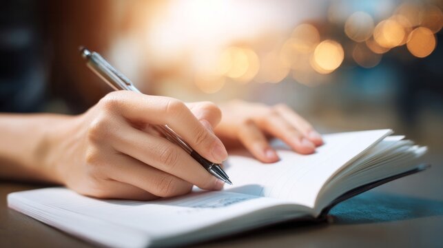 Person writing down information in an open notebook, focusing on education, planning, creativity, and work