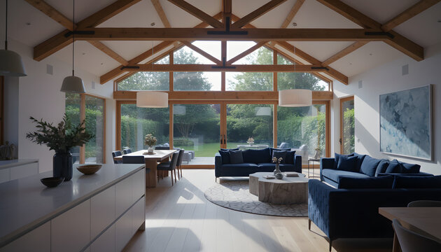 Living room and kitchen interior in new luxury home with large windows