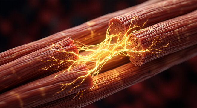 Damaged muscle fibers reconnected by glowing yellow energy threads in a macro perspective. Concept of healing and tissue regeneration process