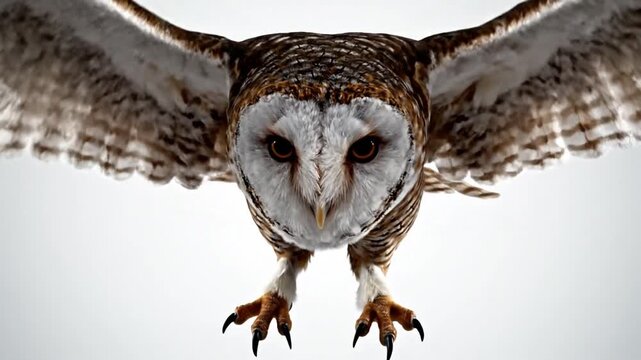 A barn owl with outstretched wings and extended talons flies directly towards the camera against a plain white background, showing detailed plumage and sharp orange eyes.