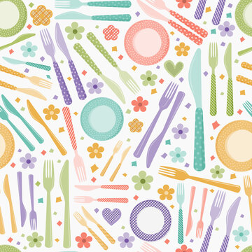 Colorful cultery, spoon, knife, tablespoon and fork, seamless pattern