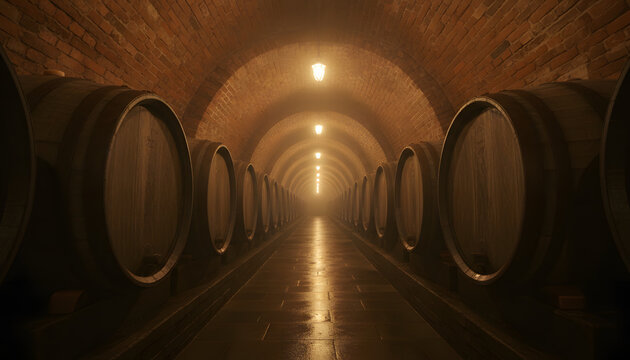 Cinematic winery cellar interior with rows of oak barrels stacked on metal racks, warm lighting creates rustic and inviting atmosphere, stone arch ceiling enhances vintage charm