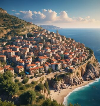 Panoramic view of Buggerru town from hilltop overlooking Mediterranean Sea,  coastal,  Mediterranean,  village