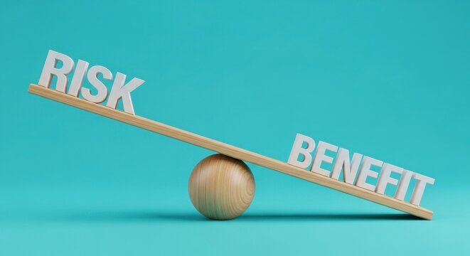 Risk and benefit balance on wooden seesaw, financial assessment concept, wooden scale weighing risk versus reward on blue background