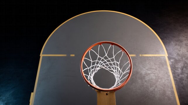 Basketball hoop and net viewed from above, highlighting the playing area and structure on a dark background