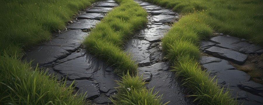 path winding through wet grass on a dark stone,  landscape,  night,  nature