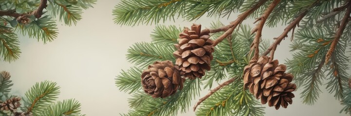 Fototapeta premium pine branch with cones in watercolor painting, flowers, colors, cones