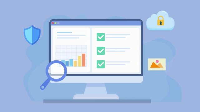 Animated cloud security dashboard with charts, checklist, image and protection icons, representing secure media storage, content management, and digital monitoring in a modern interface.