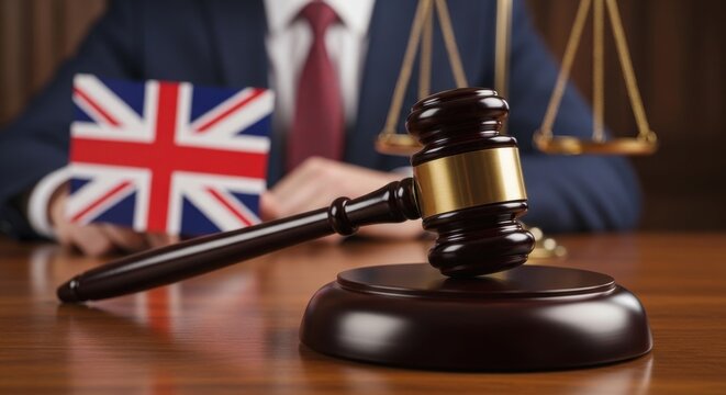 British legal system concept with wooden judge gavel, Union Jack flag on desk, scales of justice and lawyer in background, United Kingdom law