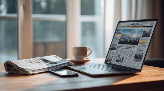Watching news online on laptop with mobile newspaper technology