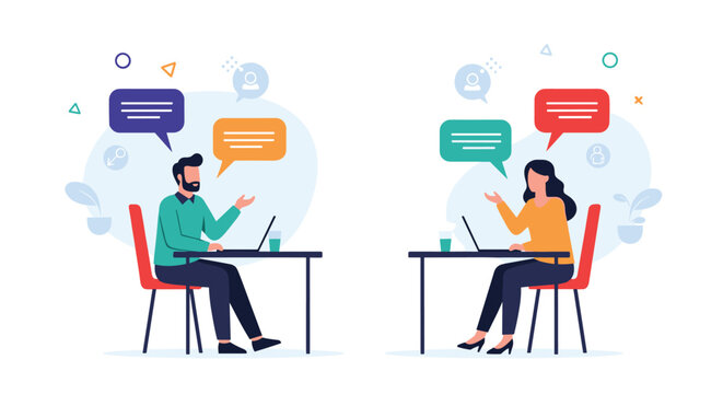 Remote work and online communication concept shows man and woman at desks with laptops having virtual conversation via speech bubbles.