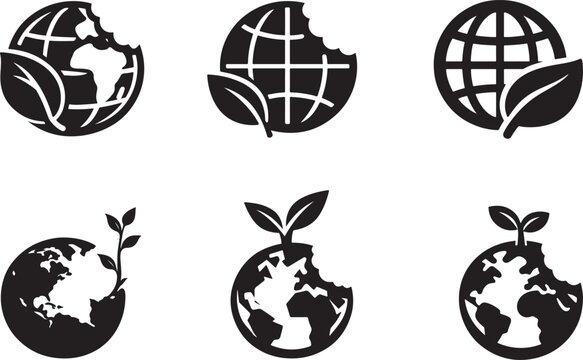 bitten earth globe with plant sprout icons for sustainability isolated background