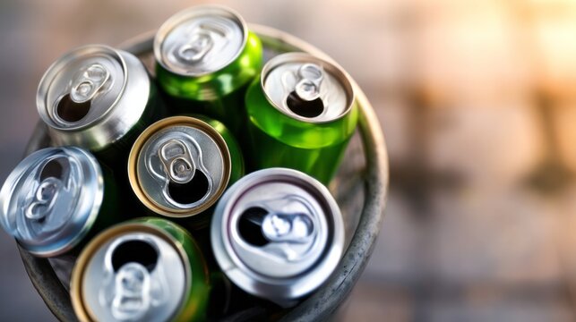 Aluminum beverage cans, a mix of green and silver, filling a metal bucket, representing waste management and sustainability