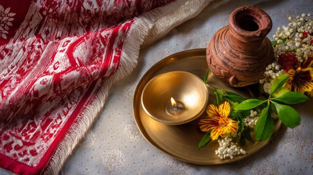 Traditional assamese bihu festival setup featuring a lit diya, clay pot, and fresh flowers on a brass plate. Symbolizing new beginnings
