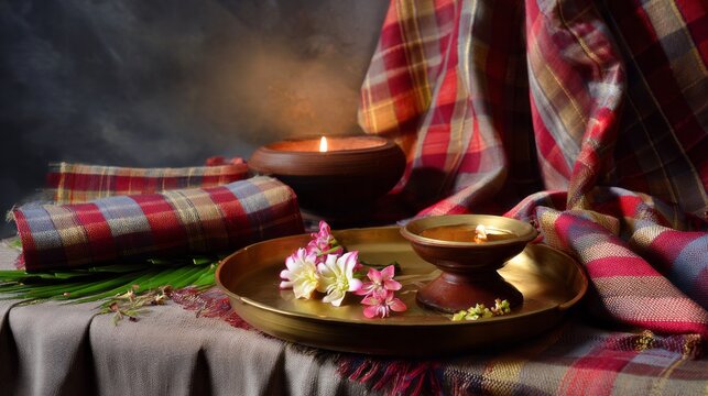 Cultural arrangement displaying gamosa fabric, burning oil lamps, and fresh flowers on a brass tray, symbolizing a festive occasion